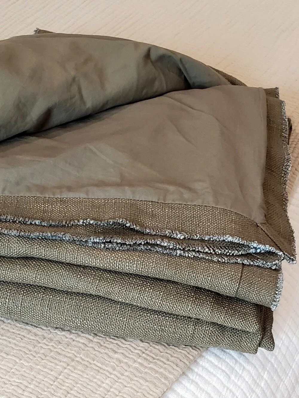 Anthropologie Olive Luxe Linen Blend Queen Duvet Cover, Frey Edges, Queen, NWT